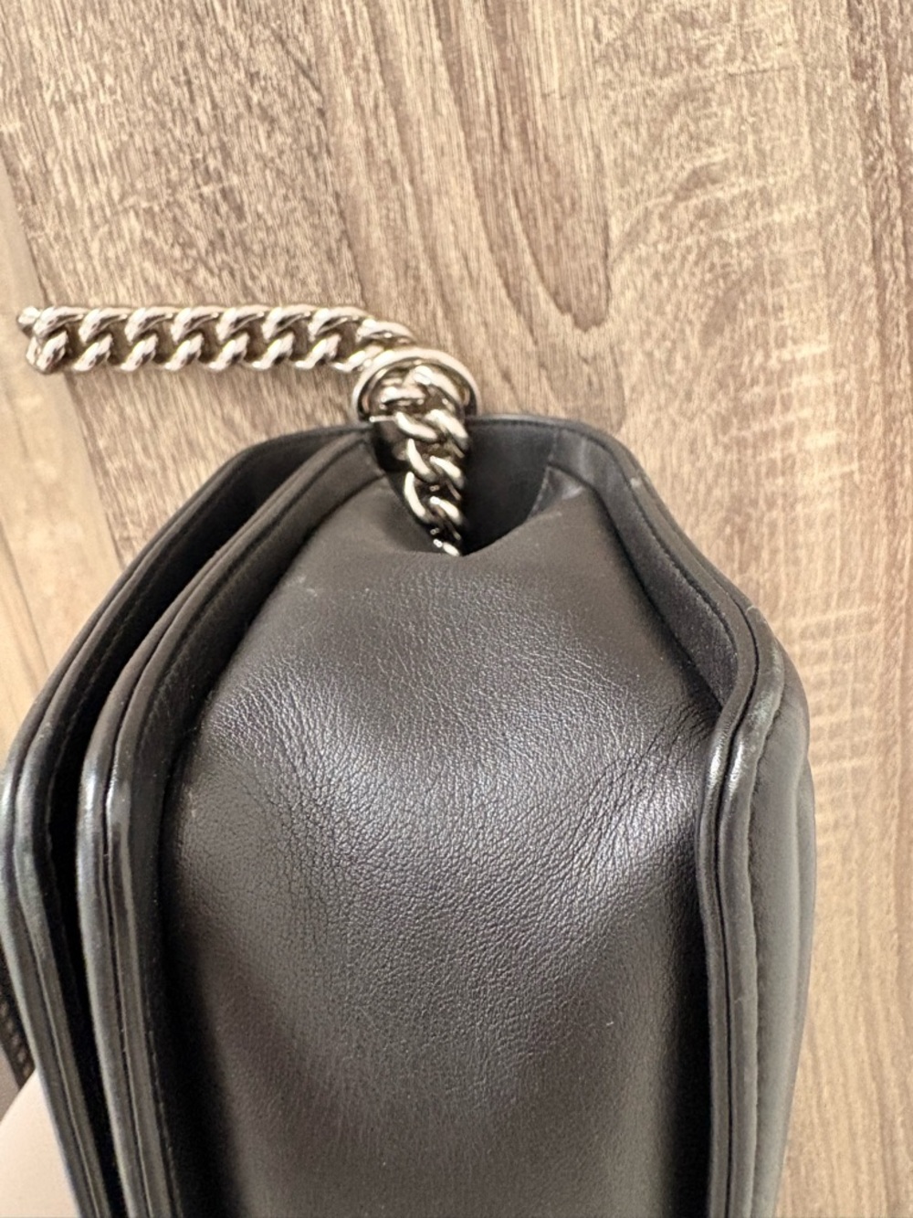 CHANEL Black Calfskin Chevron Boy Bag with Silver Hardware and Gourmette Chain - Picture 12 of 13